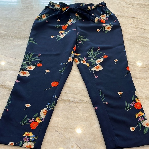 Jules & Leopold Pants - Jules & Leopold Retro Paper-Bag Waist Tie Belt Cigarette Pants Navy Floral SMALL